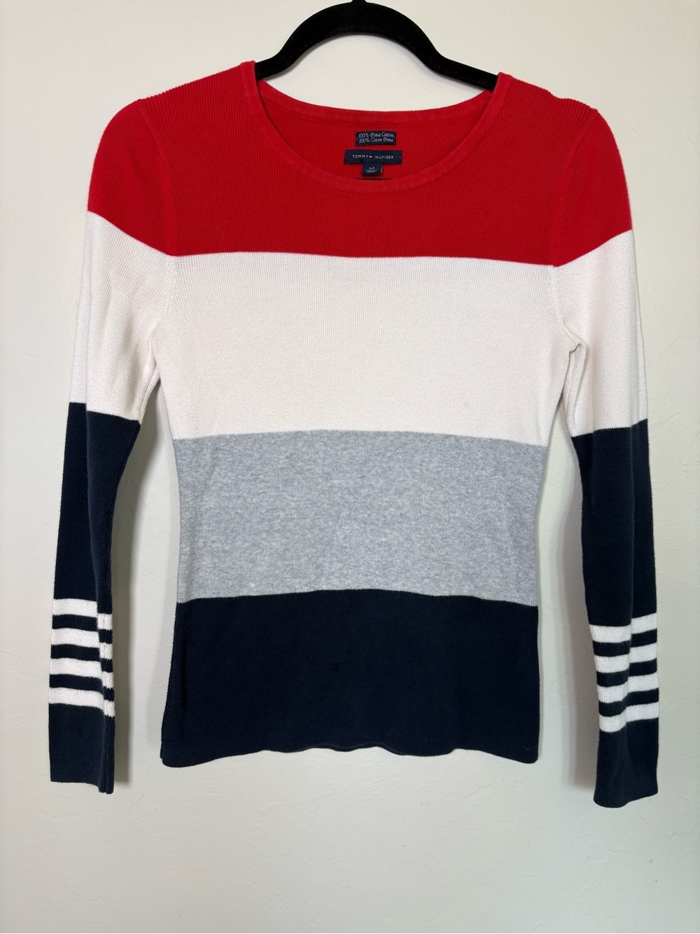 Tommy Hilfiger Pima Cotton Colorblock Striped Crewneck Sweater Women Small S